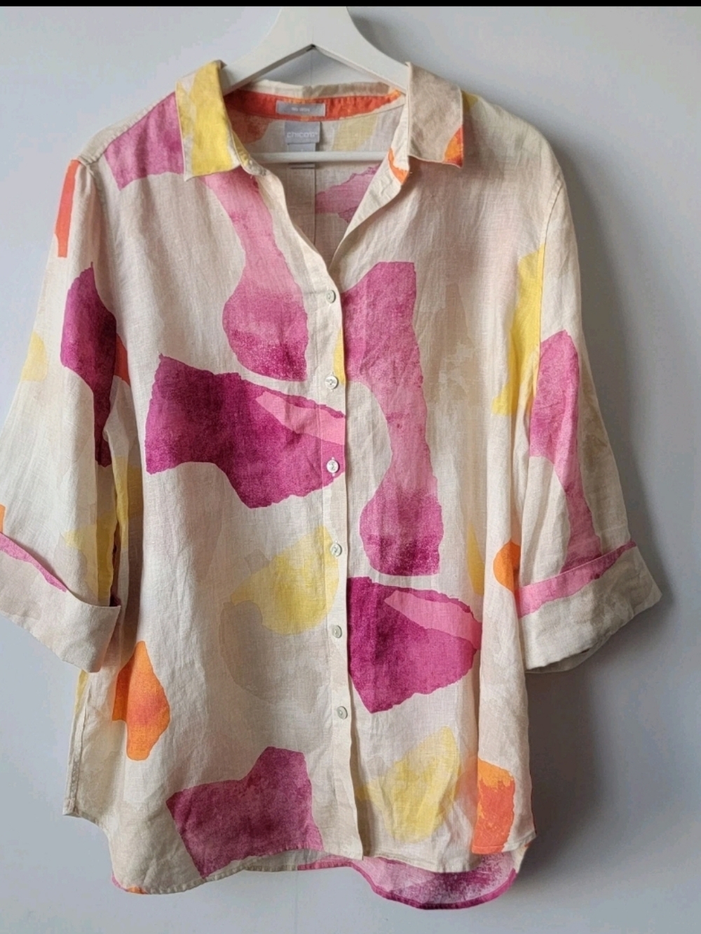 Chico's Womens Cream 100% Linen No Iron  Confetti Print Button Up Shirt. Sz 3/XL - Picture 3 of 8